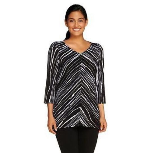 Bob Mackie Black Gray White V-Neck Wearable Art Striped Tunic Medium - Picture 4 of 6